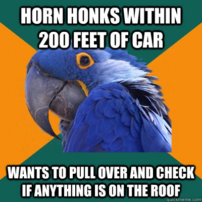 horn honks within 200 feet of car wants to pull over and check if anything is on the roof - horn honks within 200 feet of car wants to pull over and check if anything is on the roof  Paranoid Parrot