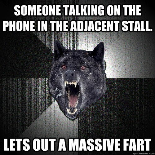 Someone talking on the phone in the adjacent stall. lets out a massive fart  Insanity Wolf