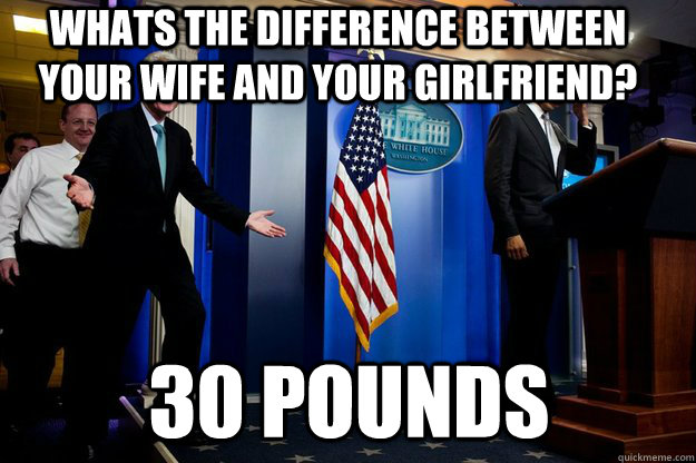 Whats the difference between your wife and your girlfriend? 30 pounds  Inappropriate Timing Bill Clinton