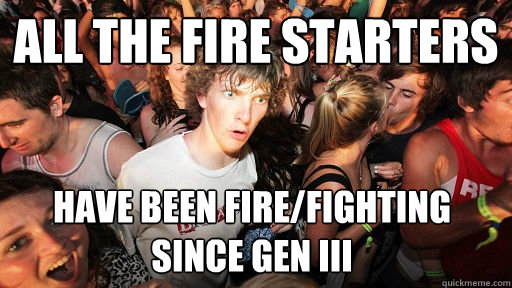 All the fire starters have been fire/fighting since Gen III - All the fire starters have been fire/fighting since Gen III  Sudden Clarity Clarence