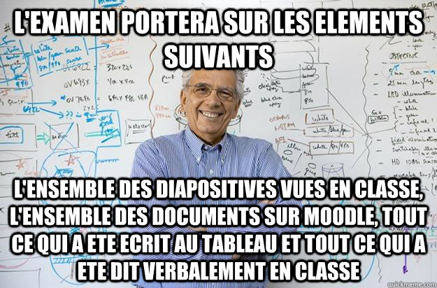 l'examen portera sur les elements suivants l'ensemble des diapositives vues en classe, l'ensemble des documents sur moodle, tout ce qui a ete ecrit au tableau et tout ce qui a ete dit verbalement en classe  Engineering Professor