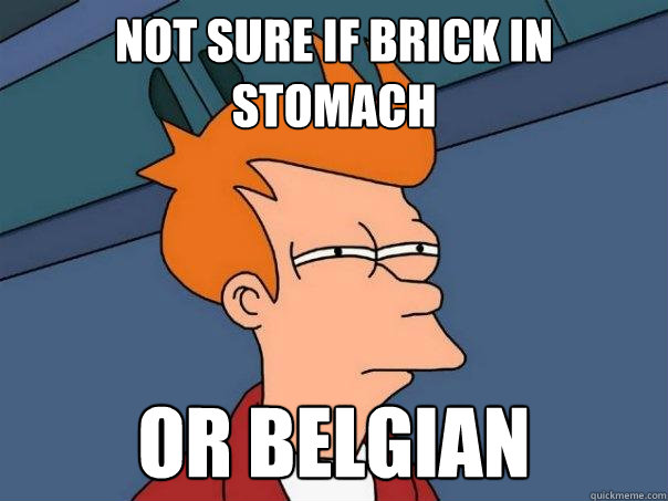 not sure if brick in stomach or Belgian  Futurama Fry