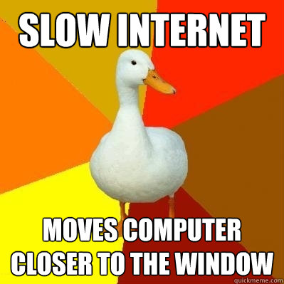 slow internet moves computer closer to the window  Tech Impaired Duck