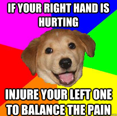 if your right hand is hurting injure your left one to balance the pain  Advice Dog