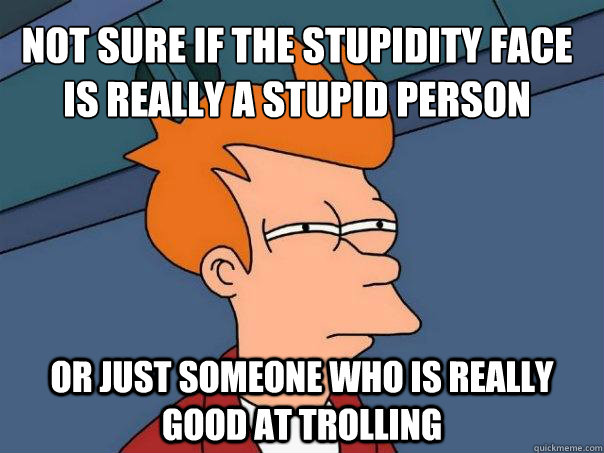 Not sure if the stupidity face is really a stupid person Or just someone who is really good at trolling  Futurama Fry