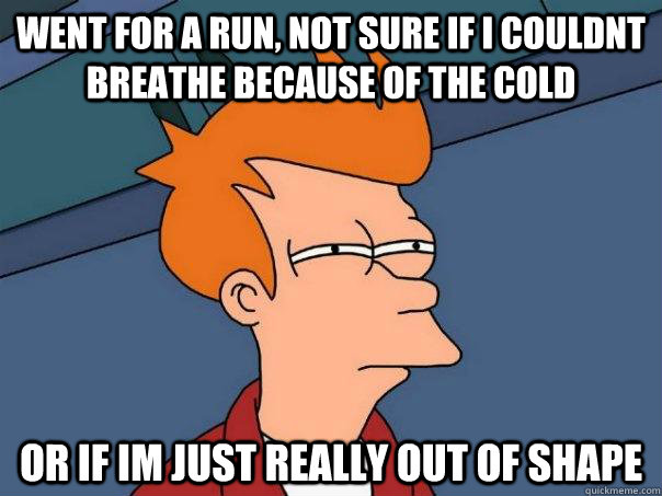 went for a run, not sure if i couldnt breathe because of the cold or if im just really out of shape  Futurama Fry