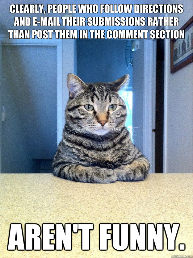 Clearly, people who follow directions and e-mail their submissions rather than post them in the comment section aren't funny.  Chris Hansen Cat