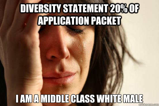 Diversity statement 20% of application packet I am a middle class white male  First World Problems