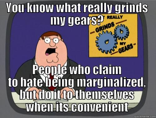 YOU KNOW WHAT REALLY GRINDS MY GEARS? PEOPLE WHO CLAIM TO HATE BEING MARGINALIZED, BUT DO IT TO THEMSELVES WHEN ITS CONVENIENT Grinds my gears