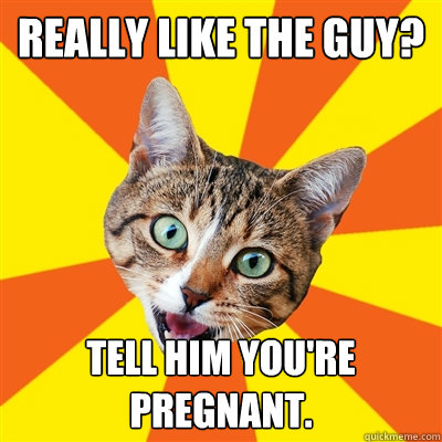 Really like the guy? tell him you're pregnant.  Bad Advice Cat