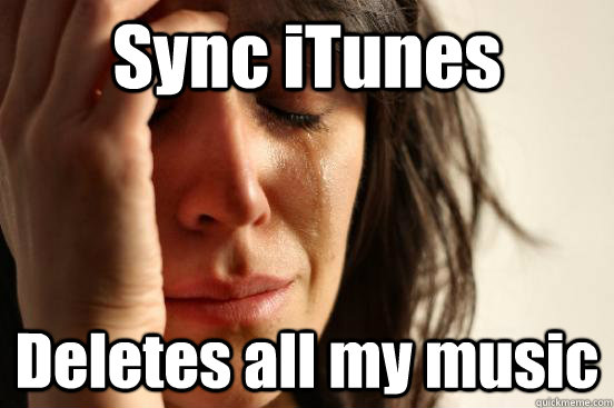 Sync iTunes Deletes all my music - Sync iTunes Deletes all my music  First World Problems