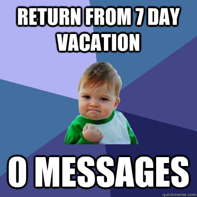 Return from 7 day vacation 0 messages  Success Kid