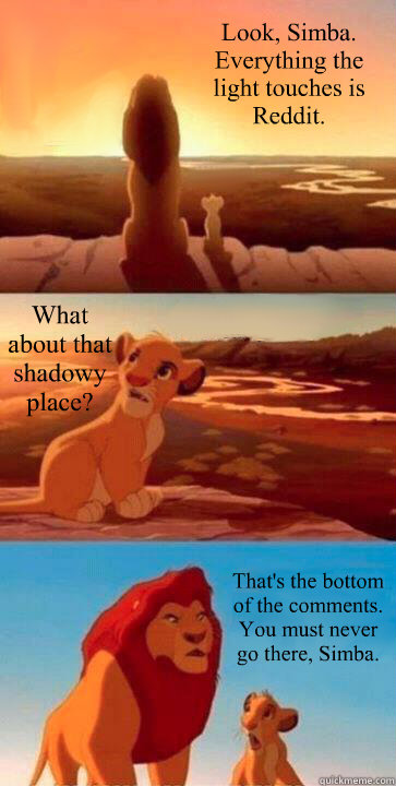 Look, Simba. Everything the light touches is Reddit. What about that shadowy place? That's the bottom of the comments. You must never go there, Simba.  SIMBA