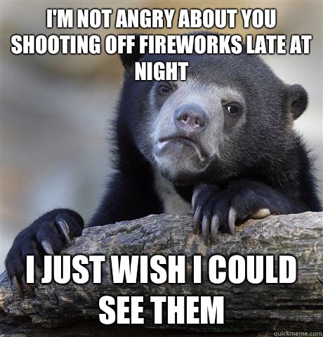 I'm not angry about you shooting off fireworks late at night  I just wish I could see them - I'm not angry about you shooting off fireworks late at night  I just wish I could see them  Confession Bear