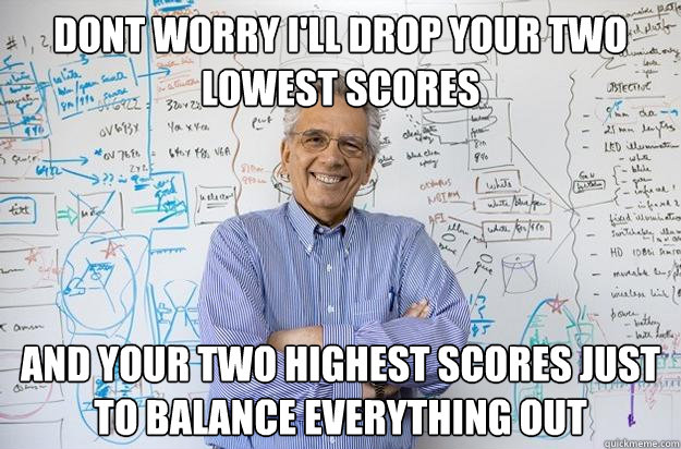 dont worry i'll drop your two lowest scores and your two highest scores just to balance everything out - dont worry i'll drop your two lowest scores and your two highest scores just to balance everything out  Engineering Professor