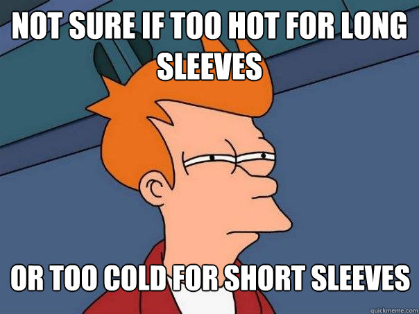 Not sure if too hot for long sleeves Or too cold for short sleeves  Futurama Fry