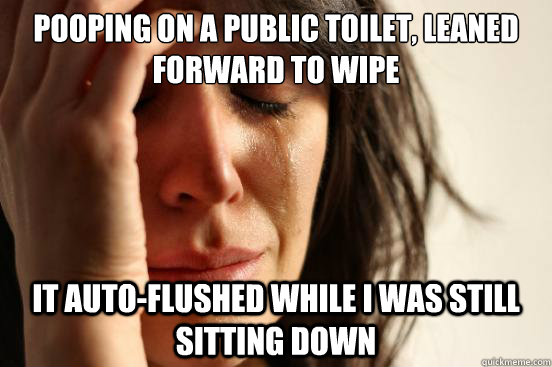 Pooping on a public toilet, leaned forward to wipe it auto-flushed while i was still sitting down - Pooping on a public toilet, leaned forward to wipe it auto-flushed while i was still sitting down  First World Problems