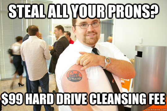 Steal all your pr0ns? $99 hard drive cleansing fee  GeekSquad Gus