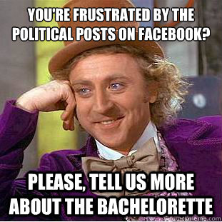 you're frustrated by the political posts on facebook?
 Please, tell us more about the bachelorette  Condescending Wonka