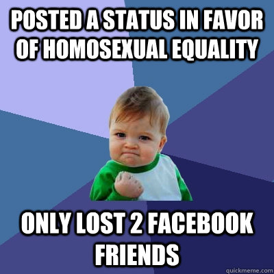 Posted a status in favor of homosexual equality Only lost 2 Facebook friends  Success Kid