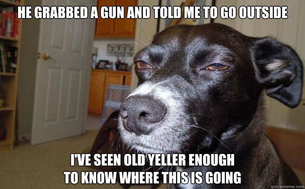 he grabbed a gun and told me to go outside i've seen old yeller enough
to know where this is going  Skeptical Mutt