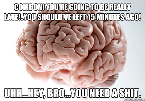 come on! you're going to be really late!..you should've left 15 minutes ago! uhh...hey, bro...you need a shit.  Scumbag Brain