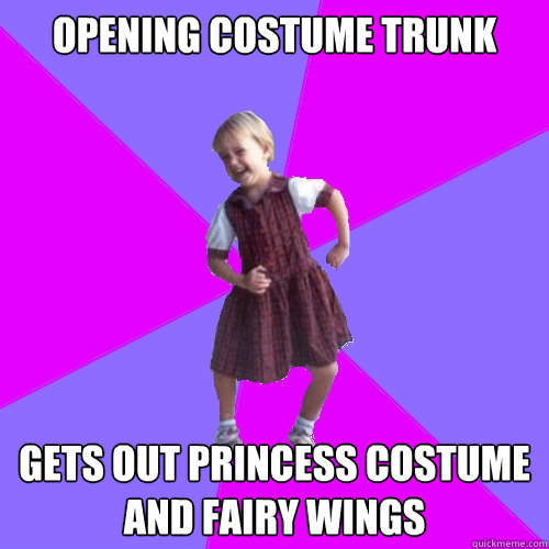 Opening costume trunk Gets out princess costume and fairy wings  Socially awesome kindergartener