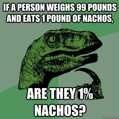 If a person weighs 99 pounds and eats 1 pound of nachos, Are they 1% nachos?  Philosoraptor