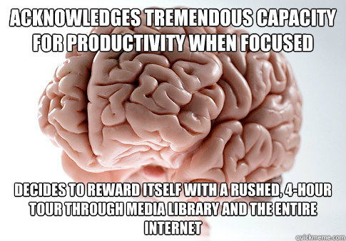 acknowledges tremendous capacity for productivity when focused 
 Decides to reward itself with a rushed, 4-hour tour through media library and the entire internet  Scumbag Brain