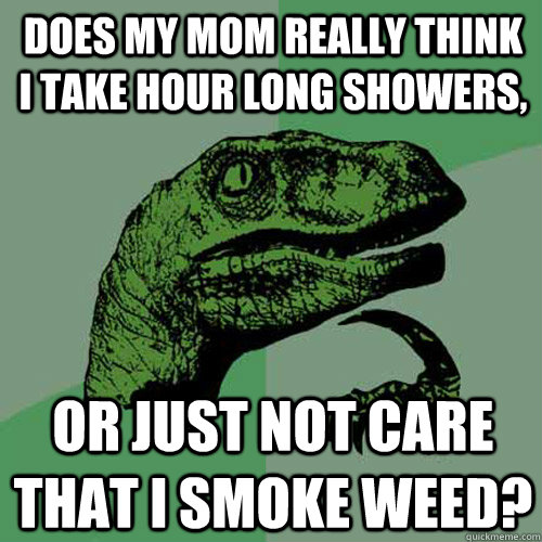 does my mom really think i take hour long showers, or just not care that I smoke weed?  Philosoraptor