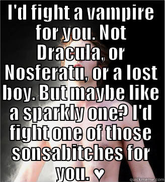 sparkle fighter - I'D FIGHT A VAMPIRE FOR YOU. NOT DRACULA, OR NOSFERATU, OR A LOST BOY. BUT MAYBE LIKE A SPARKLY ONE? I'D FIGHT ONE OF THOSE SONSABITCHES FOR YOU. ♥  Misc