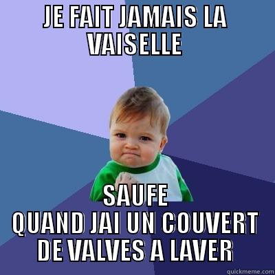 JE FAIT JAMAIS LA VAISELLE - JE FAIT JAMAIS LA VAISELLE SAUFE QUAND JAI UN COUVERT DE VALVES A LAVER Success Kid