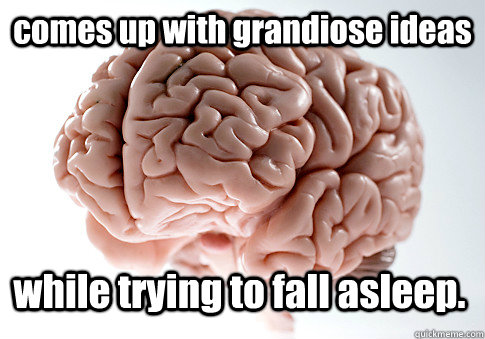 comes up with grandiose ideas while trying to fall asleep.  Scumbag Brain