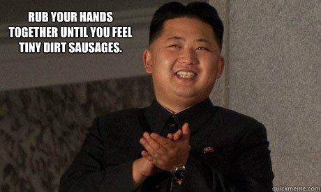 Rub your hands together until you feel tiny dirt sausages.  - Rub your hands together until you feel tiny dirt sausages.   Kim Jong unbelievable