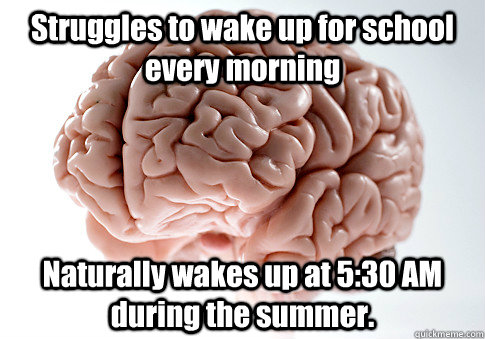 Struggles to wake up for school every morning Naturally wakes up at 5:30 AM during the summer.   Scumbag Brain