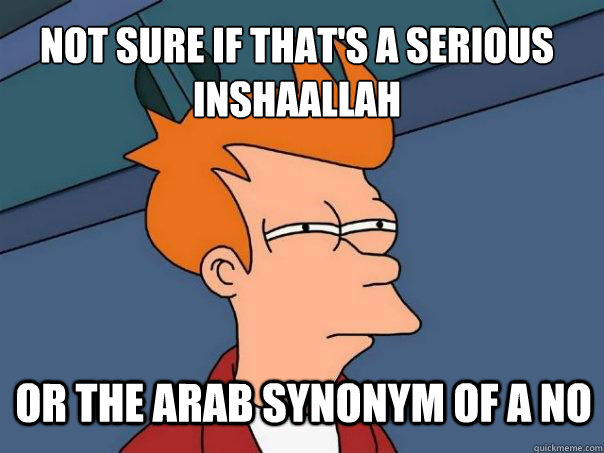 Not sure if that's a serious inshaallah or the arab synonym of a no  Futurama Fry