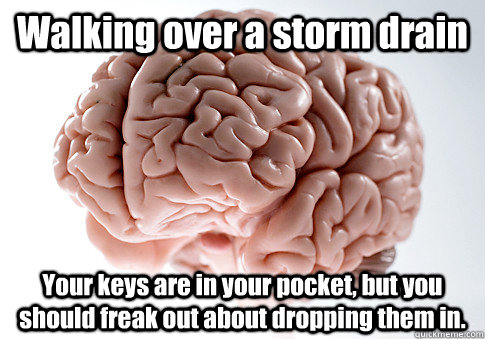 Walking over a storm drain Your keys are in your pocket, but you should freak out about dropping them in.  Scumbag Brain