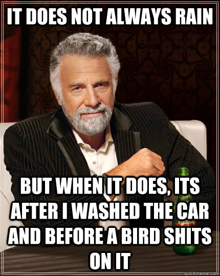 It does not always rain But when it does, its after i washed the car and before a bird shits on it - It does not always rain But when it does, its after i washed the car and before a bird shits on it  The Most Interesting Man In The World