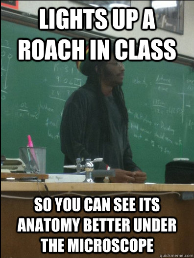 Lights up a roach in class so you can see its anatomy better under the microscope  Rasta Science Teacher