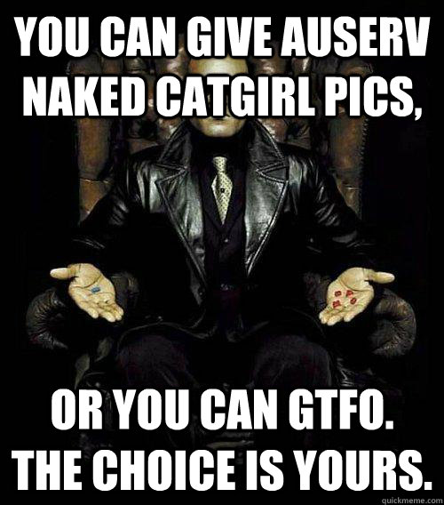 You can give Auserv naked catgirl pics, Or you can gtfo. the choice is yours.  Morpheus