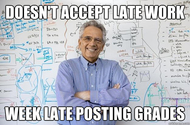 Doesn't accept late work week late posting grades - Doesn't accept late work week late posting grades  Engineering Professor