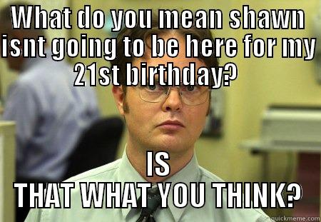 WHAT DO YOU MEAN SHAWN ISNT GOING TO BE HERE FOR MY 21ST BIRTHDAY?  IS THAT WHAT YOU THINK? Schrute