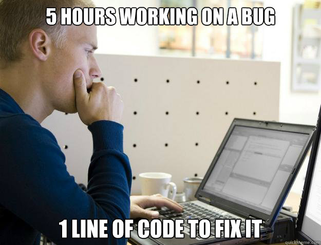 5 hours working on a bug 1 line of code to fix it - 5 hours working on a bug 1 line of code to fix it  Programmer