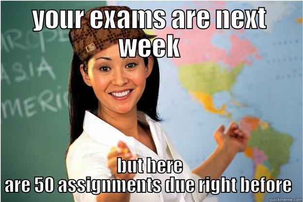 wowzers =D - YOUR EXAMS ARE NEXT WEEK BUT HERE ARE 50 ASSIGNMENTS DUE RIGHT BEFORE  Scumbag Teacher