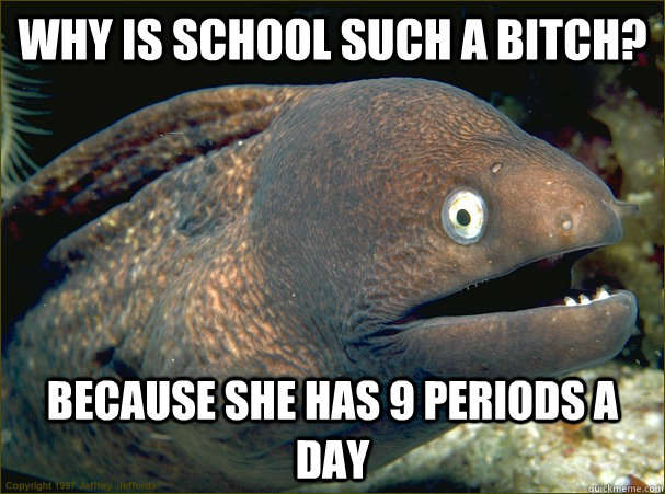 WHY IS SCHOOL SUCH A BITCH? BECAUSE SHE HAS 9 PERIODS A DAY  Bad Joke Eel