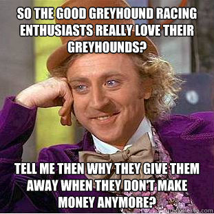 So the GOOD greyhound racing enthusiasts really love their greyhounds? Tell me then why they give them away when they don't make money anymore?  Condescending Wonka