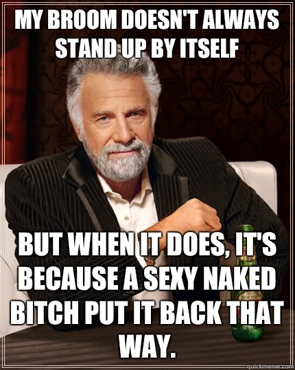 My broom doesn't always stand up by itself But when it does, it's because a sexy naked bitch put it back that way.  The Most Interesting Man In The World