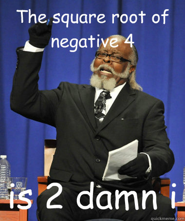 The square root of negative 4 is 2 damn i  The Rent Is Too Damn High