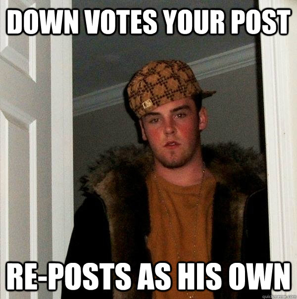 Down votes YOur Post Re-Posts as his own  Scumbag Steve