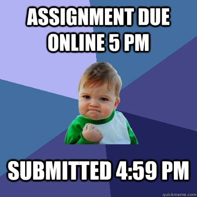 Assignment due online 5 pm submitted 4:59 pm  Success Kid